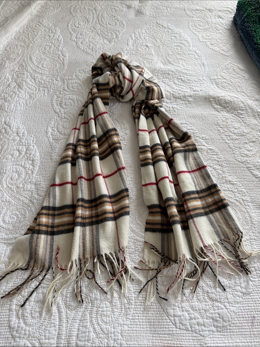 V. Fraas Cashmink Plaid Scarf Ivory Red Tan Black German Tartan